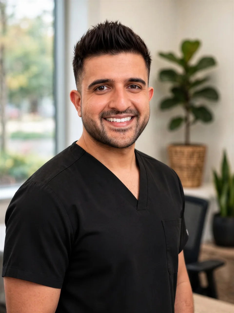Dr Vikas Prinja in black scrubs at the practice