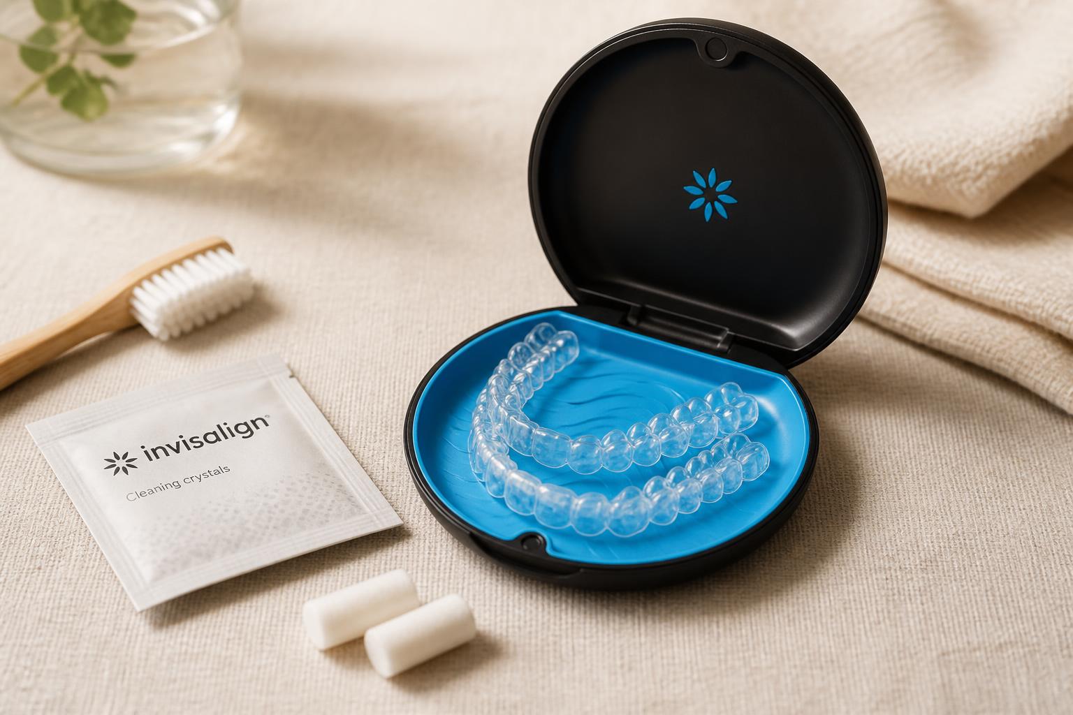 Clear aligners in an open storage case with a soft brush and chewies