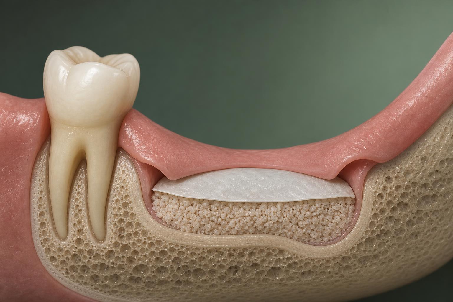 Cutaway educational view of graft material and a protective membrane rebuilding a deficient jaw ridge