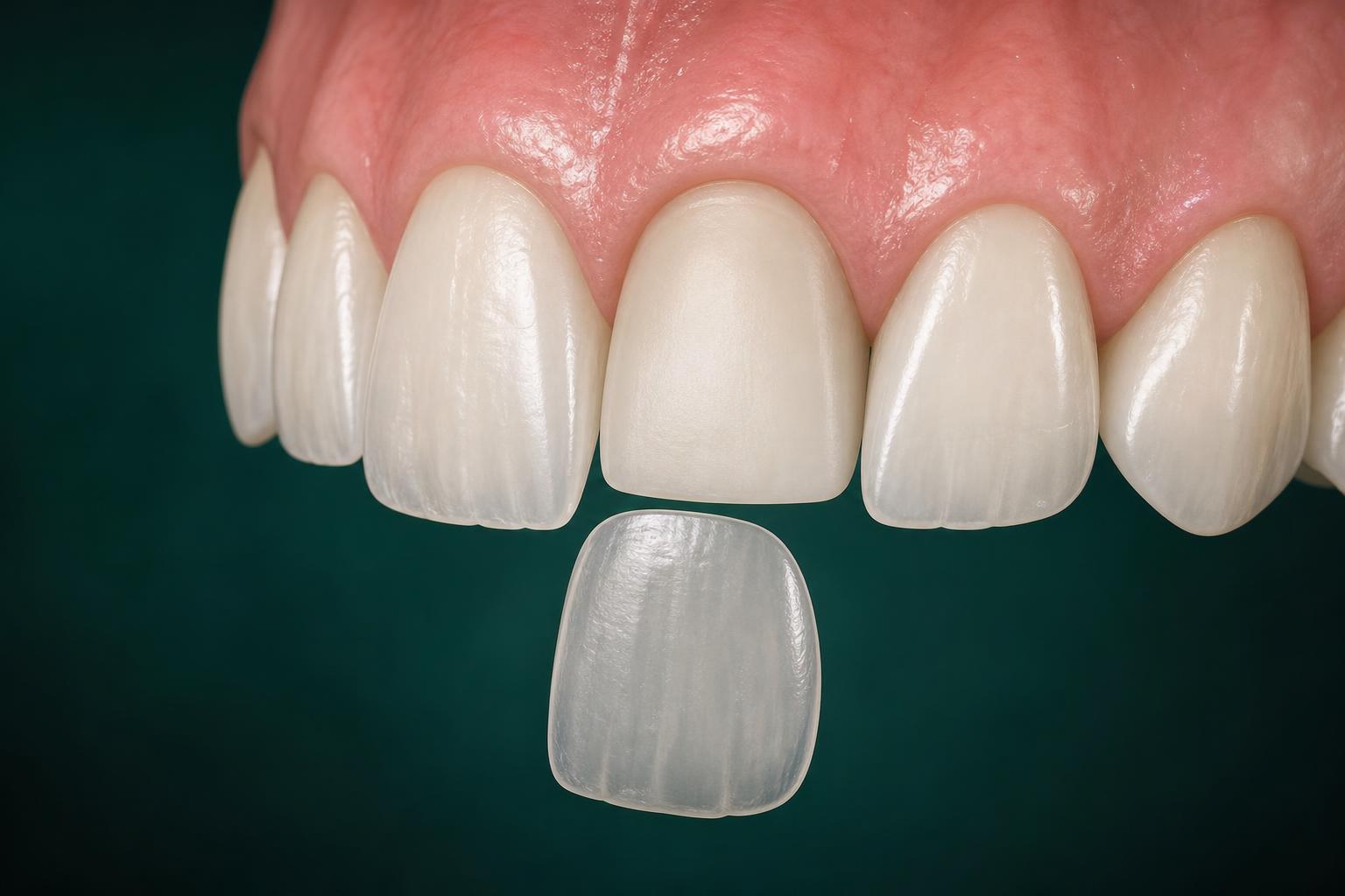 Educational view of a thin ceramic veneer bonded to the front surface of an upper incisor