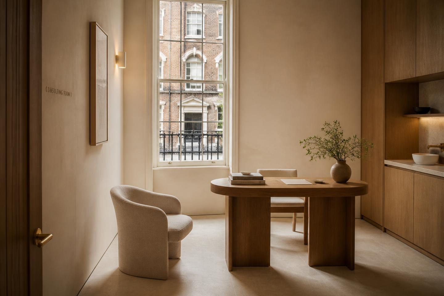 Calm, minimal London consulting room prepared for a treatment planning appointment