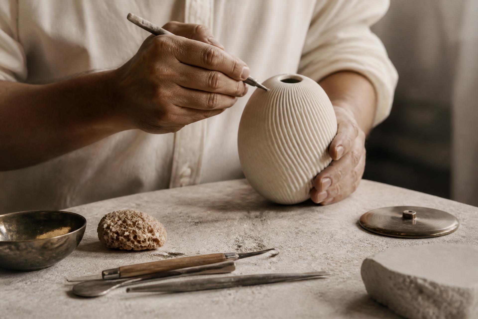Artisan hands finishing a fine ceramic piece by hand on a stone workbench
