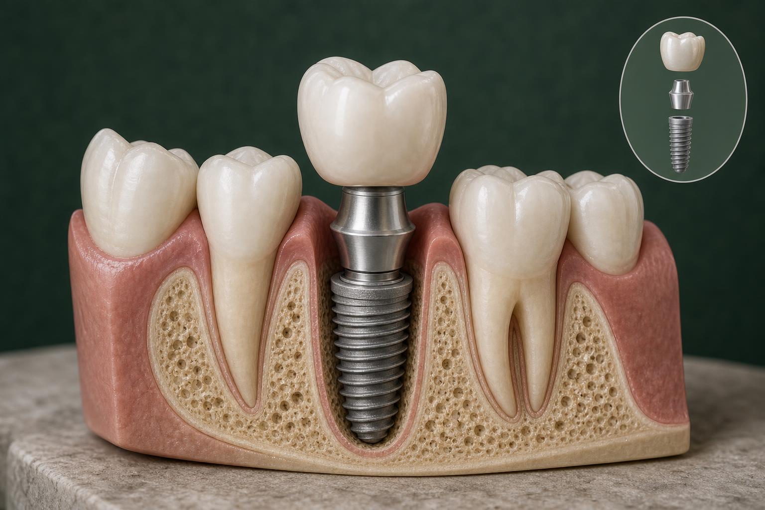 Cutaway educational view of a dental implant fixture, abutment and ceramic crown in the jaw
