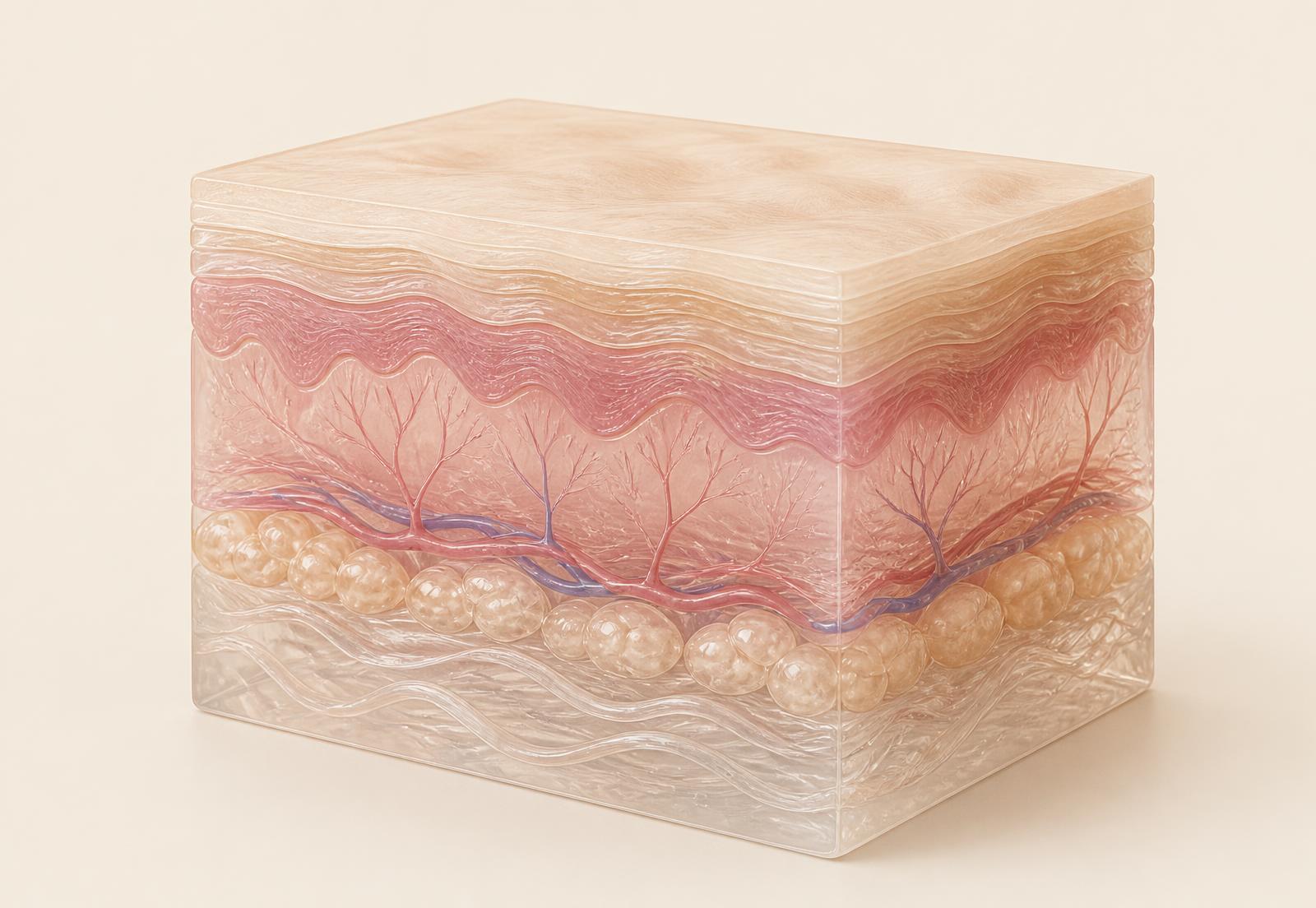 Anatomical cross-section illustration of skin layers with a supporting gel volume in the deeper layer