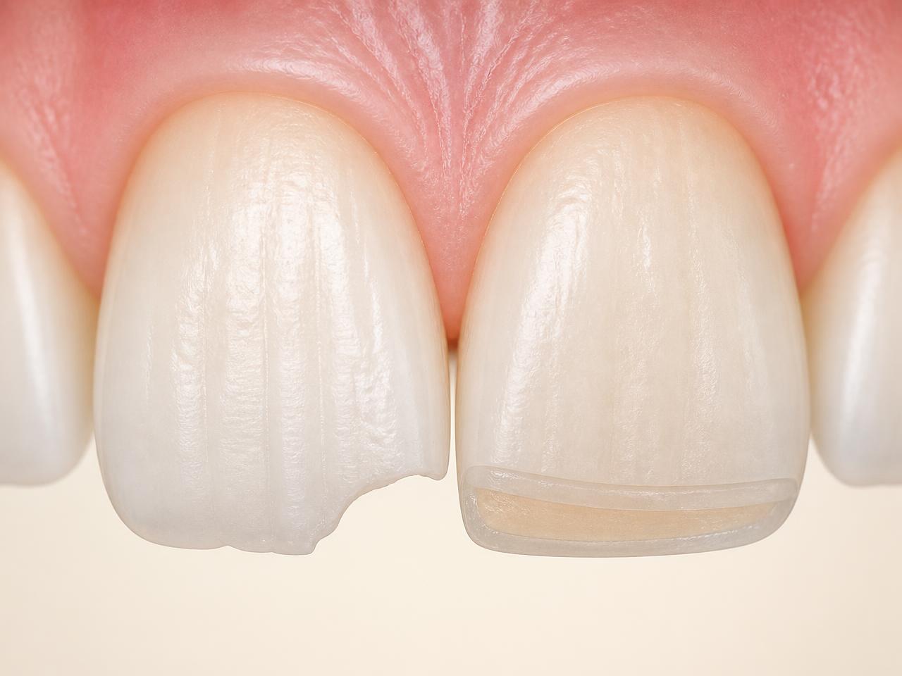 Cutaway educational view of layered composite resin restoring a front tooth edge