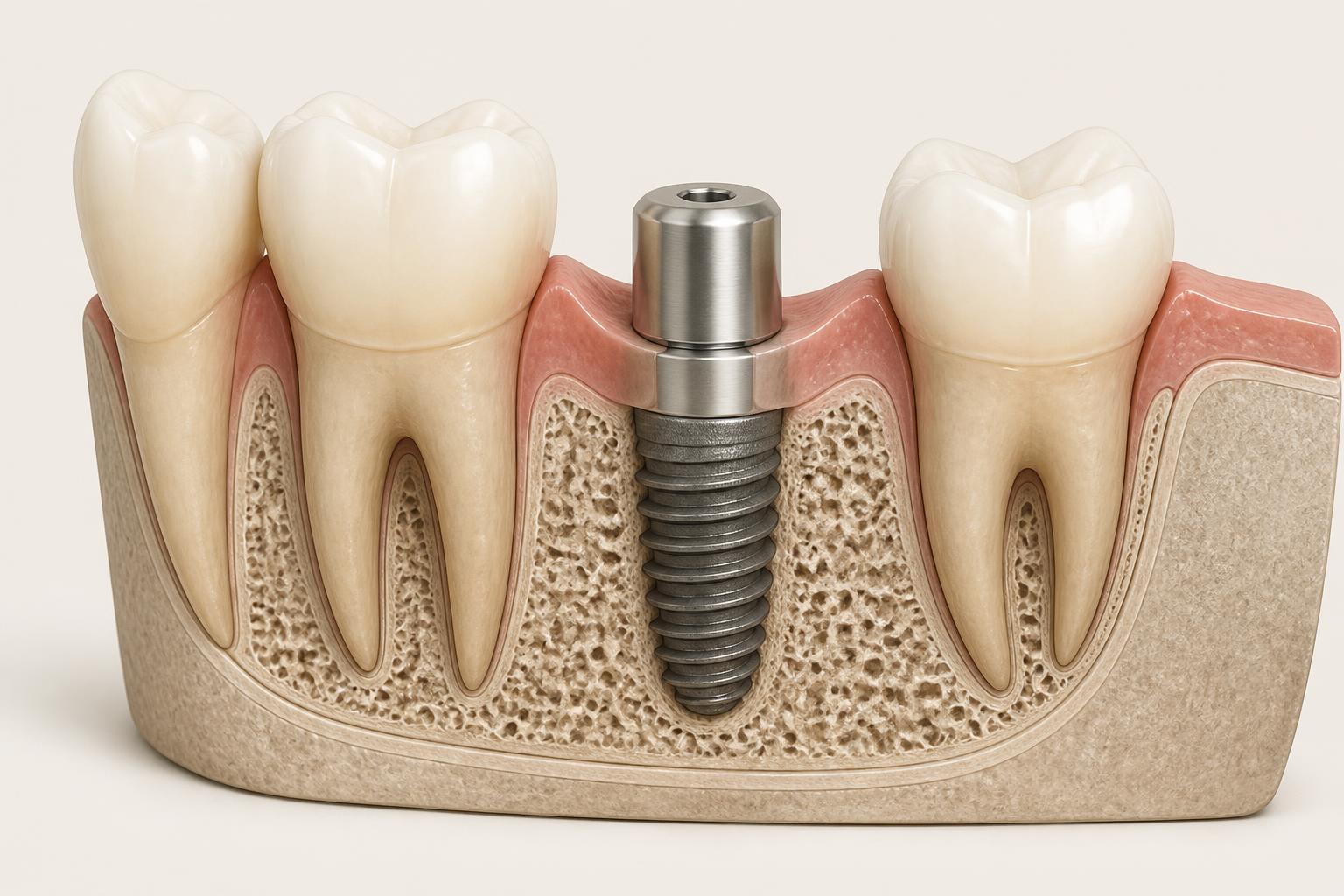 Cross-section of a dental implant integrated in bone with a healing abutment through the gum
