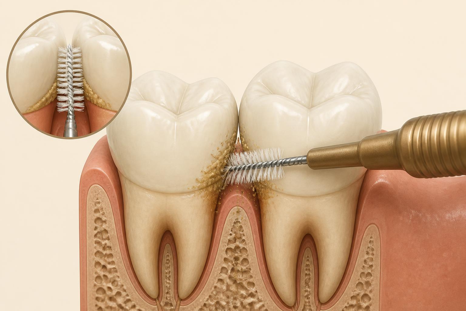 Interdental brush cleaning plaque from between two molars at the gumline
