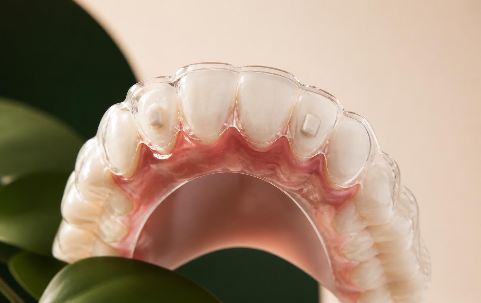 Clear orthodontic aligner seated over an upper dental arch with bonded attachments on selected teeth