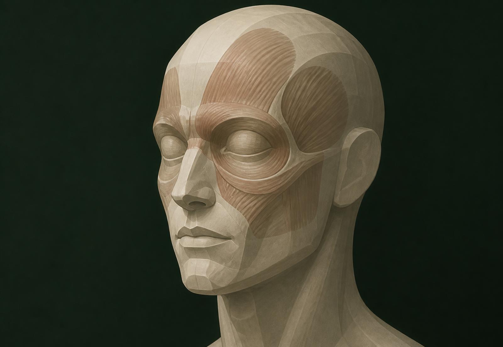 Anatomical illustration showing facial muscle layers beneath sculptural facial planes