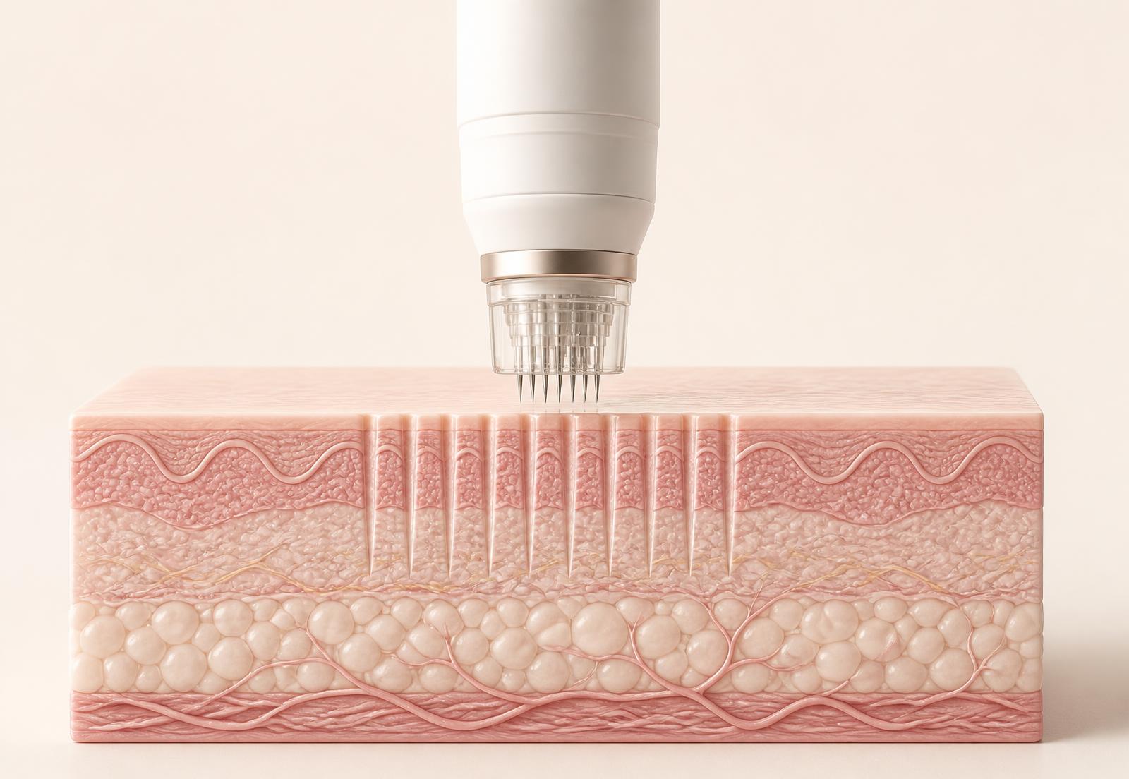 Illustration of a microneedling device creating controlled micro-channels in a cross-section of skin