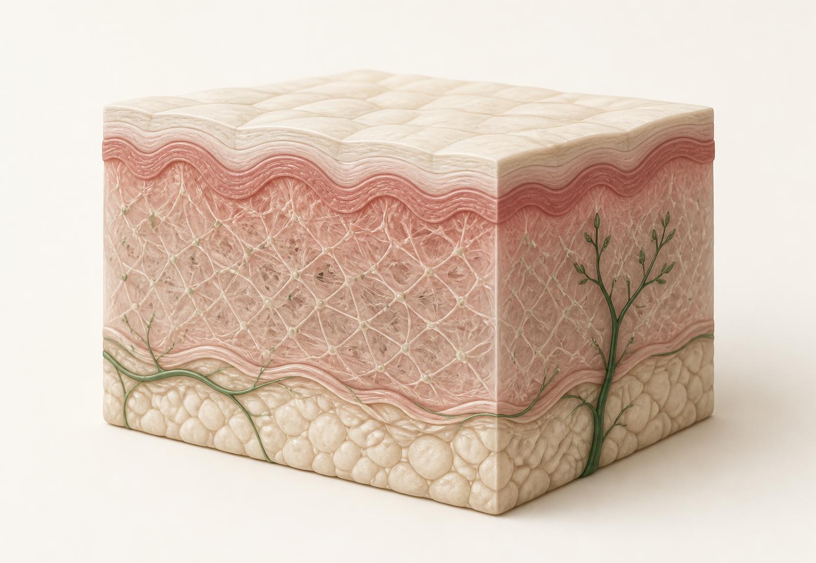 Anatomical cross-section illustration of skin with a fine lattice distributed through the mid-dermis