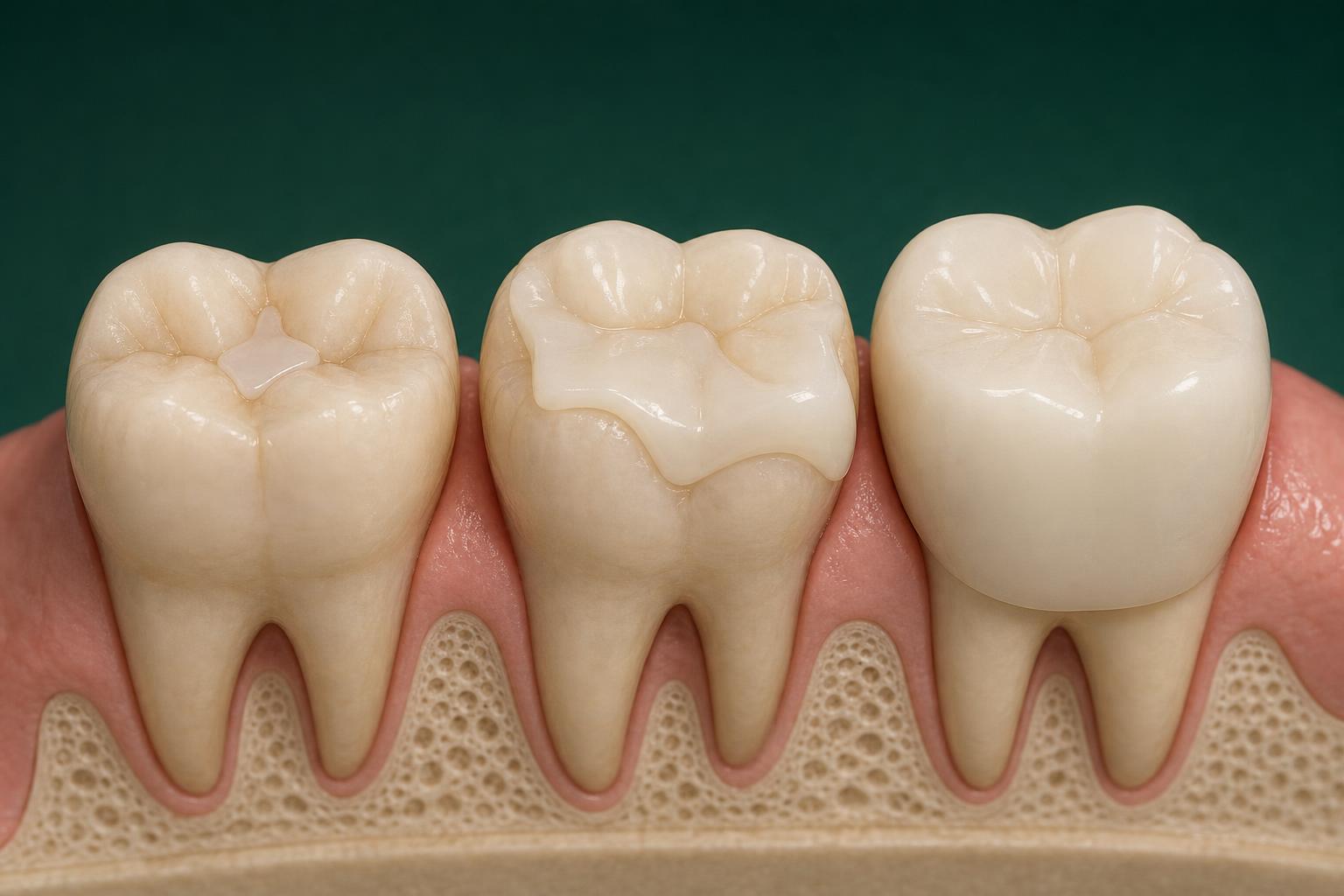 Educational comparison of a filling, ceramic onlay and full ceramic crown on posterior teeth