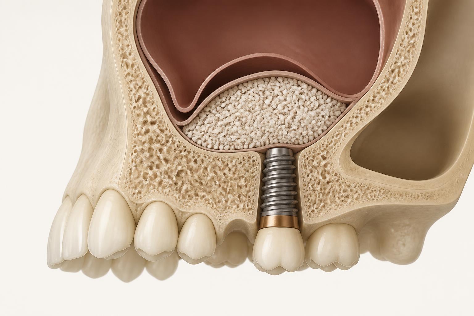 Cross-section of the upper jaw showing graft material beneath a lifted sinus membrane with an implant