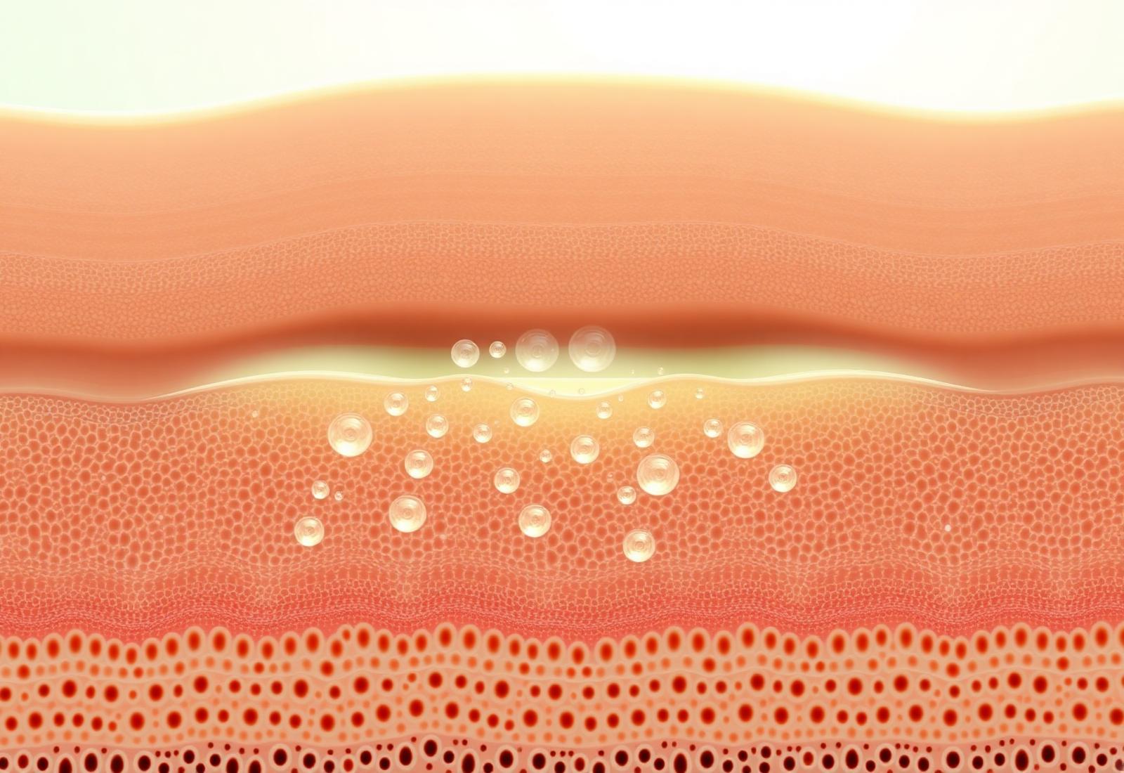 Anatomical cross-section illustration of skin with hydration distributed through the dermis
