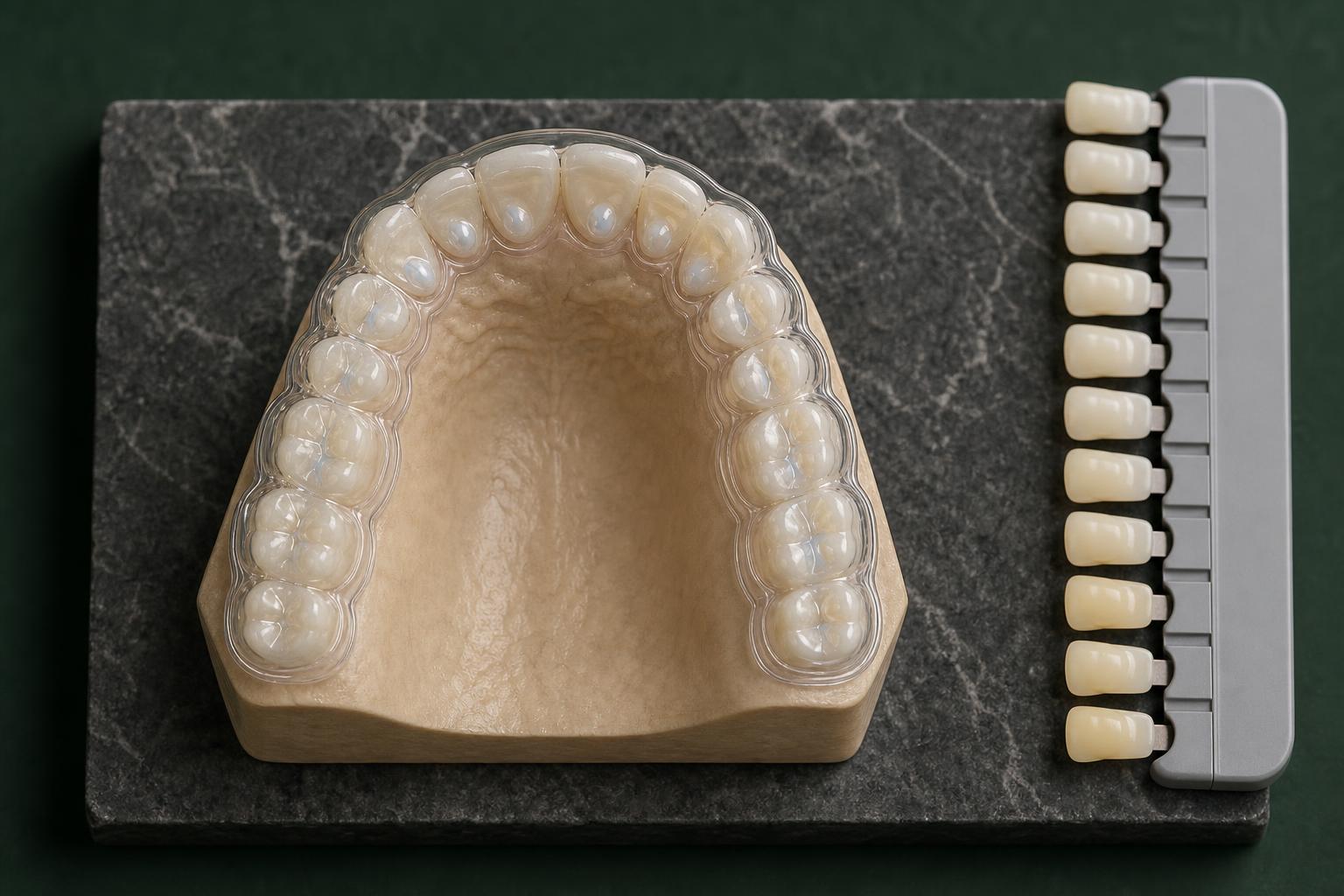 Educational view of a custom whitening tray fitted over an upper dental arch beside a shade guide