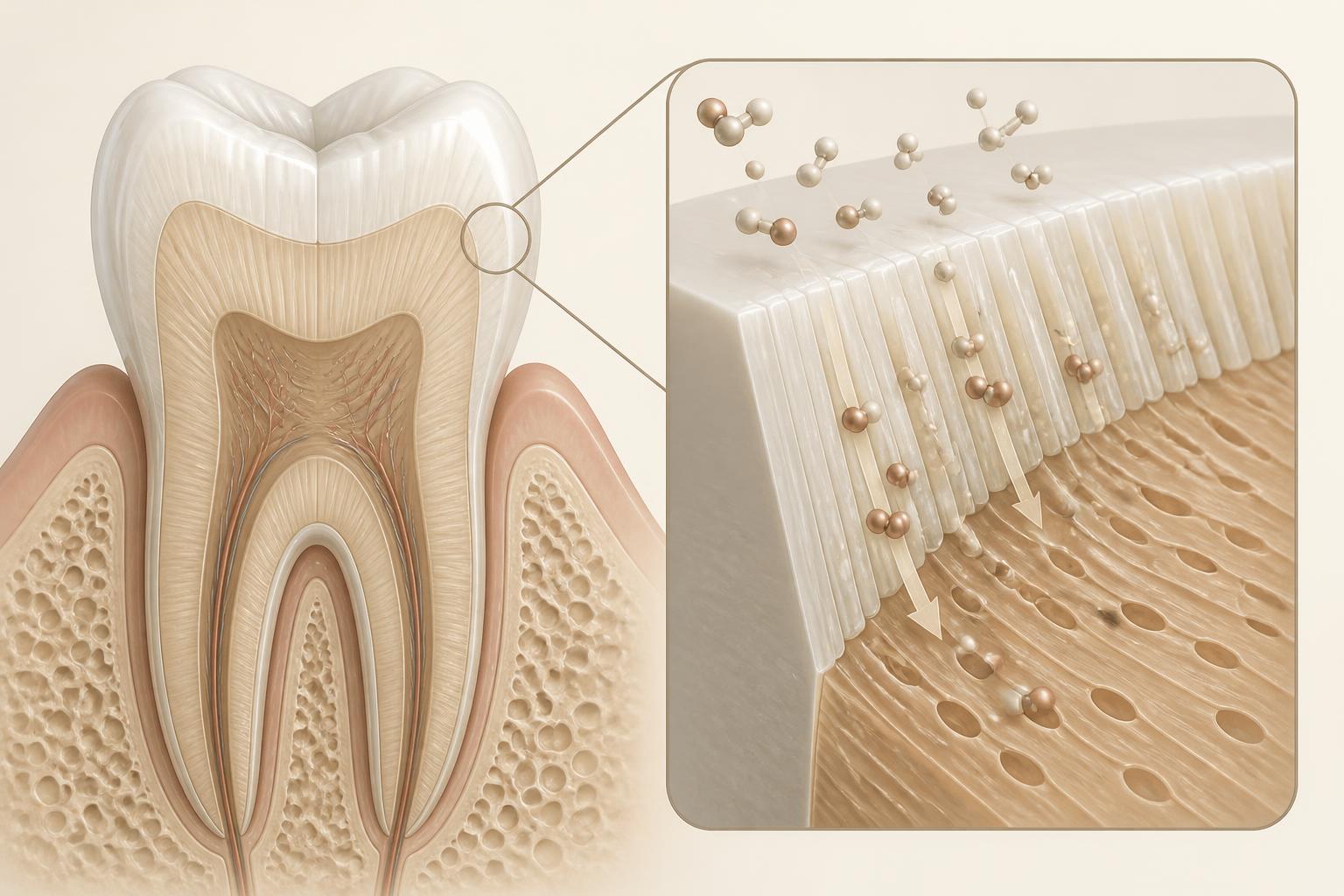 Cross-section of a tooth showing peroxide diffusing through enamel into dentine