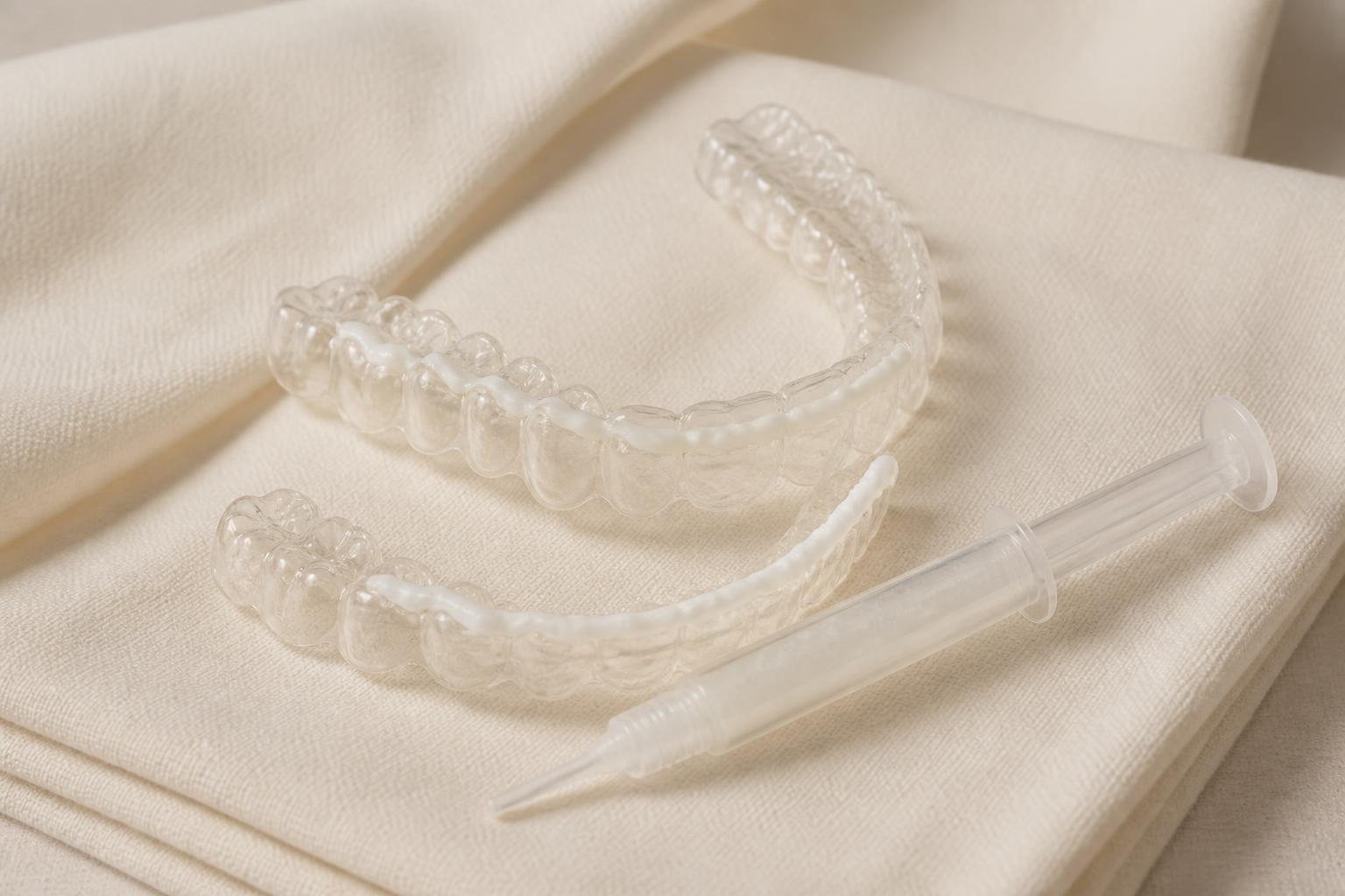 Custom-made clear whitening trays with a thin ribbon of gel inside